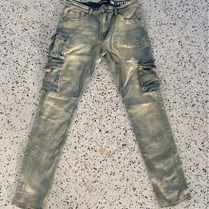 Men's Skinny Cargo Jeans in Distressed Tan